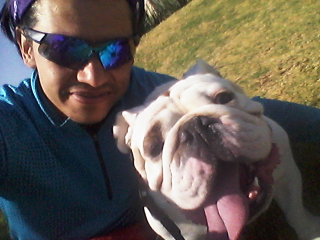 Itzu, Entrenador Personal y Canino, acompañado de un hermoso Bulldog Ingles color blanco,